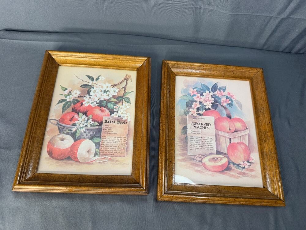 Vintage Wall Art Prints of Fruit Recipes Wood Framed Set 2